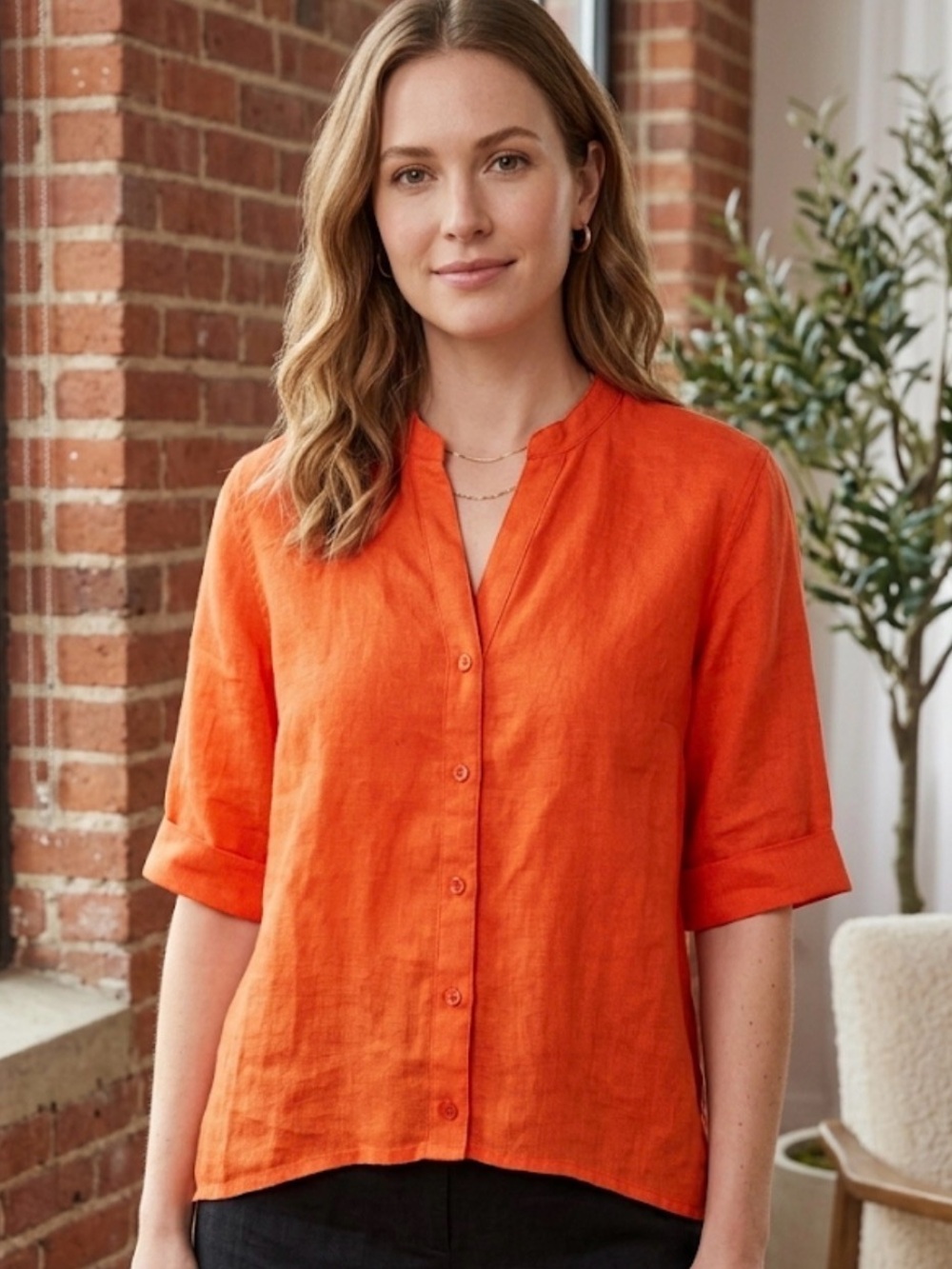 Sag Harbor Orange Linen Button-Front Shirt
